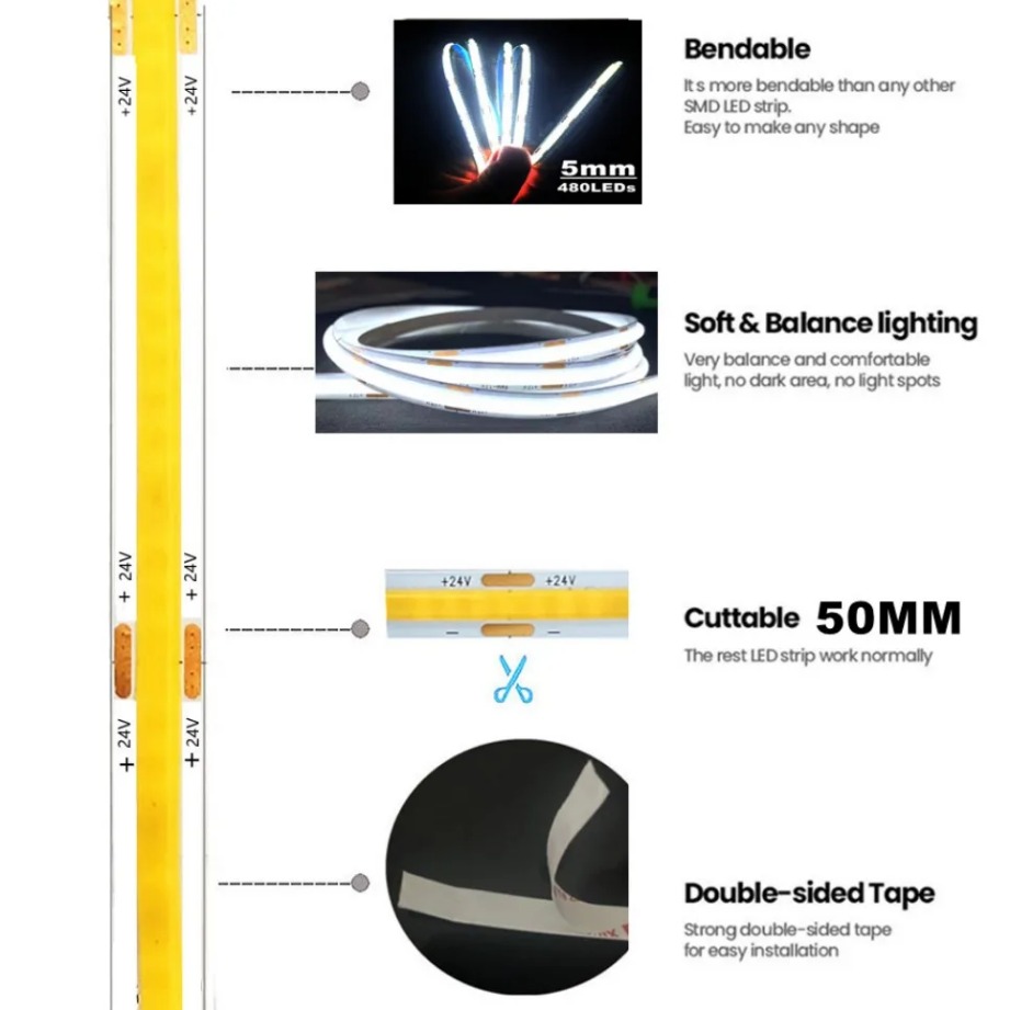 매우 얇은 COB LED 스트립 480LED/m 소프트 - Lighting Decor And More 리뷰 및 가격
